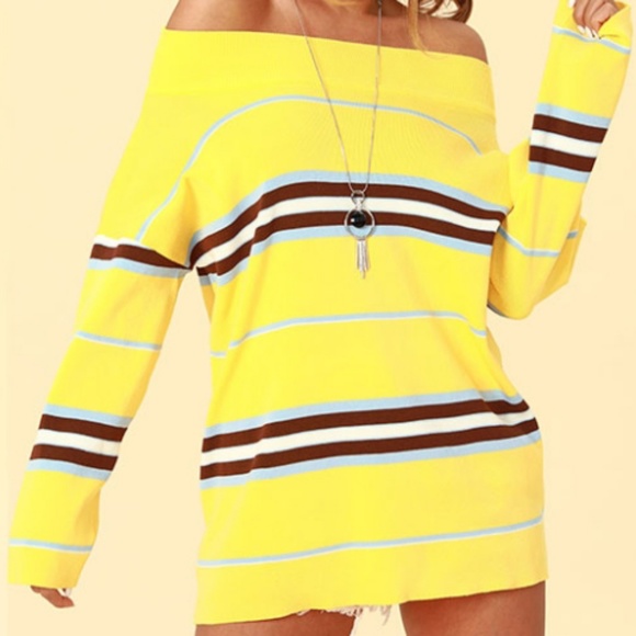 Sweaters - Lemon Yellow Striped Oversized Sweater Tunic